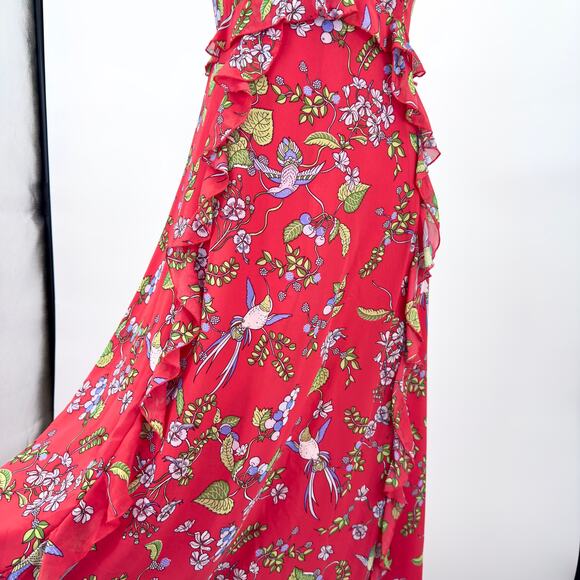 Nanette Lepore Sleeveless Maxi Dress Sz 6 Red Chiffon Floral Hummingbird Print - Picture 7 of 15